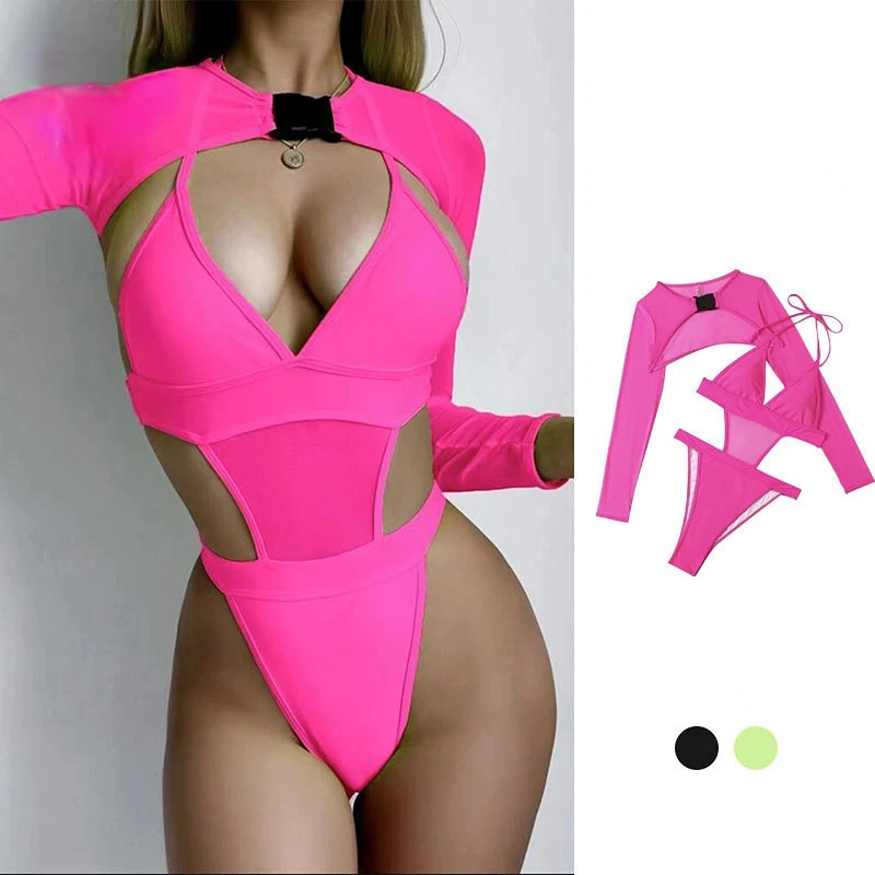 

Women's Solid Color Sexy Halter Three-point Swimsuit Multicolor Long-sleeved One-piece Bikini Swimsuit