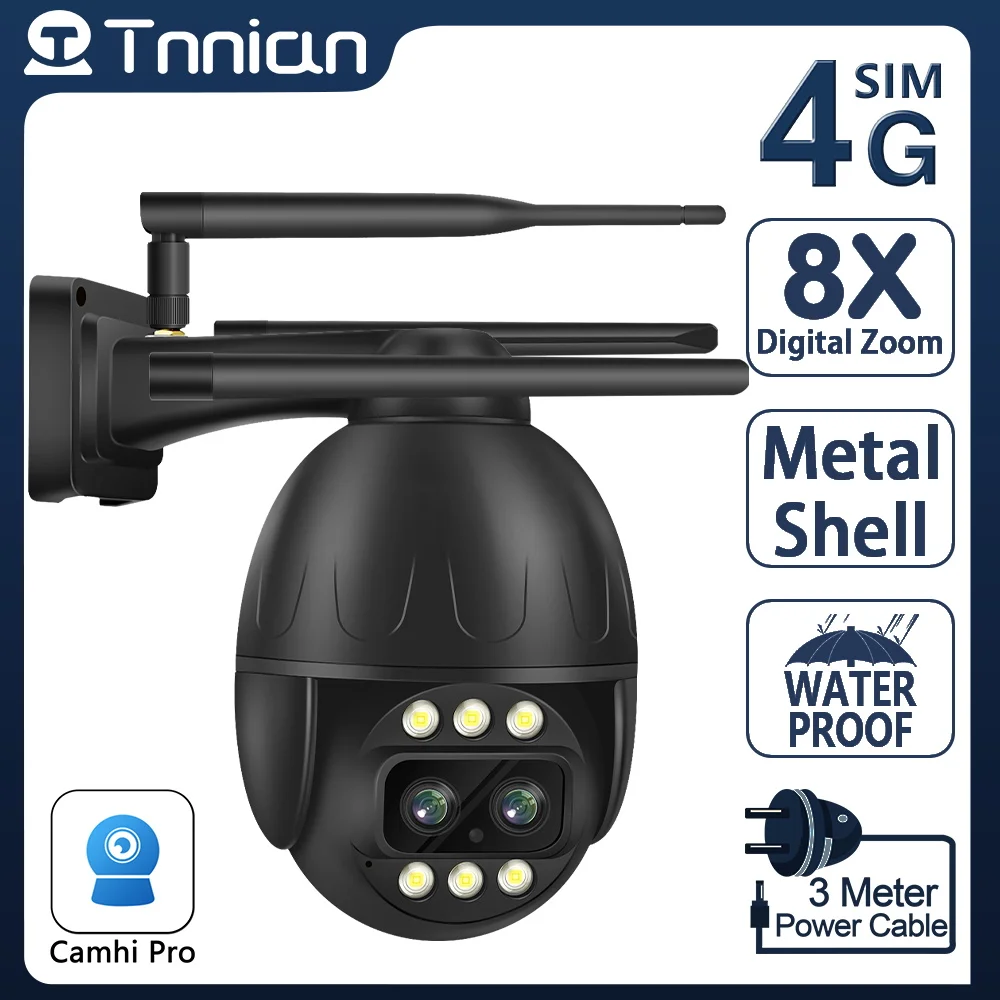

Металлическая PTZ-камера Tnnian 6K 12 МП 4G SIM-карта с двумя объективами, AI-камера наблюдения за человеческим фактором, система видеонаблюдения, стандартная Wi-Fi камера Camhi Pro