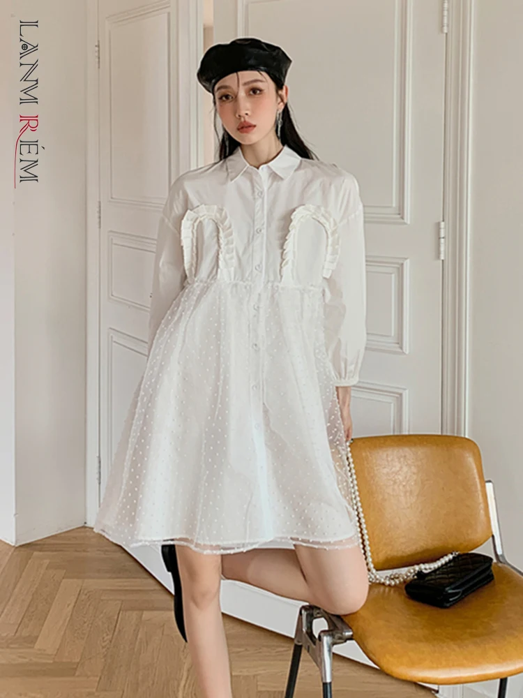 

LANMREM Patchwork Gauze Dress For Women Sweet Single Breasted High Waist Above Knee Mini Dress 2022 Spring Female Fashion 2N709