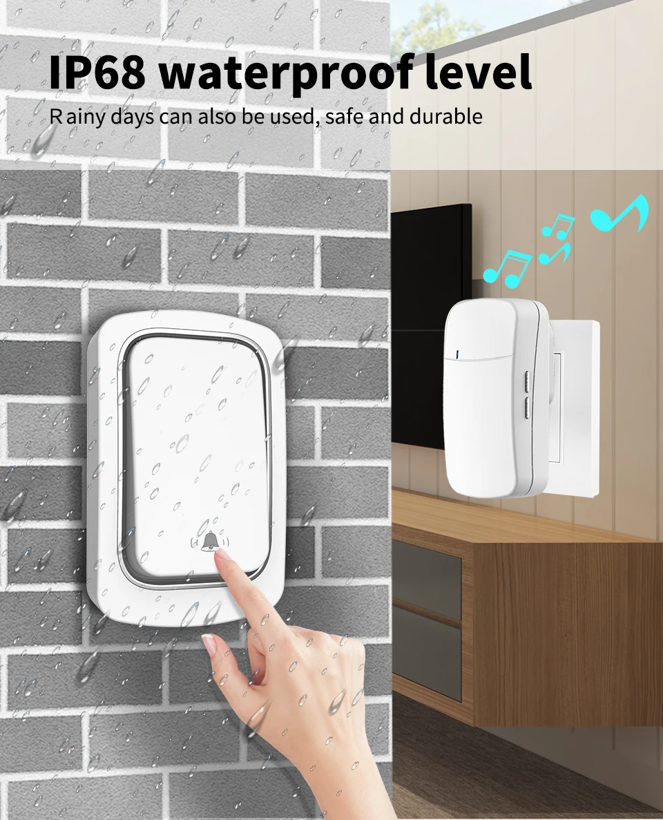 Беспроводной звонок AXUS без батареи, водонепроницаемый, самопитаемый, смарт-дом, кинетическое кольцо для уличного использования.