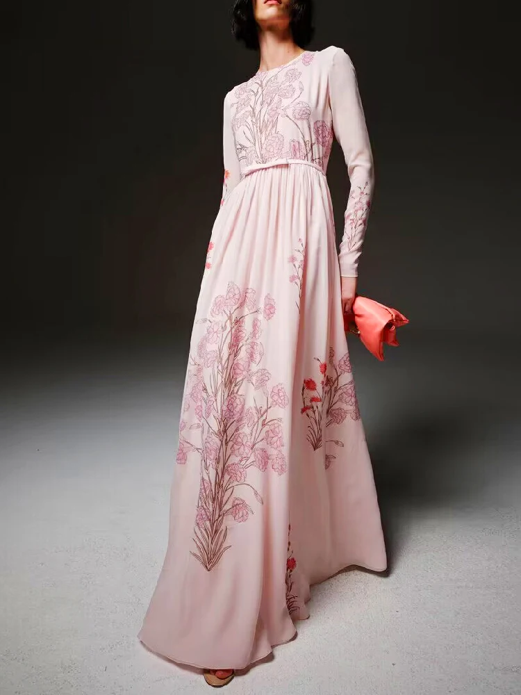 Women's Dress 2023 New Fashion Pink Flower Print Pleated Long-Sleeved Chiffon Long Dress Free Shipping