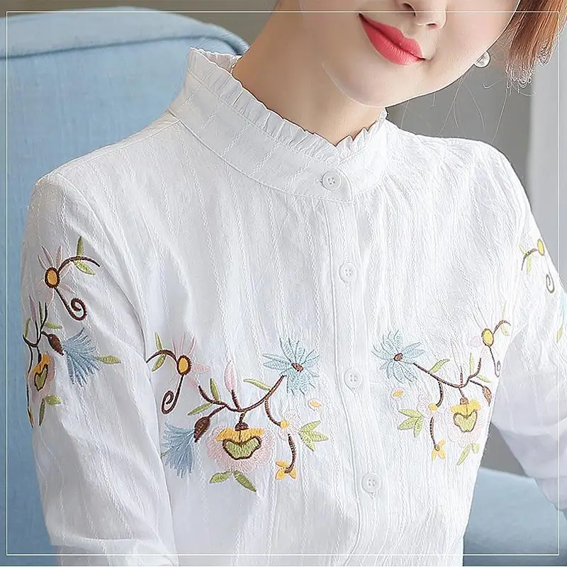 Cotton Shirt Women's Shirt Spring and Autumn 2023 New Top Embroidered White Embroidered Round Neck Long-sleeved Collar Shirt