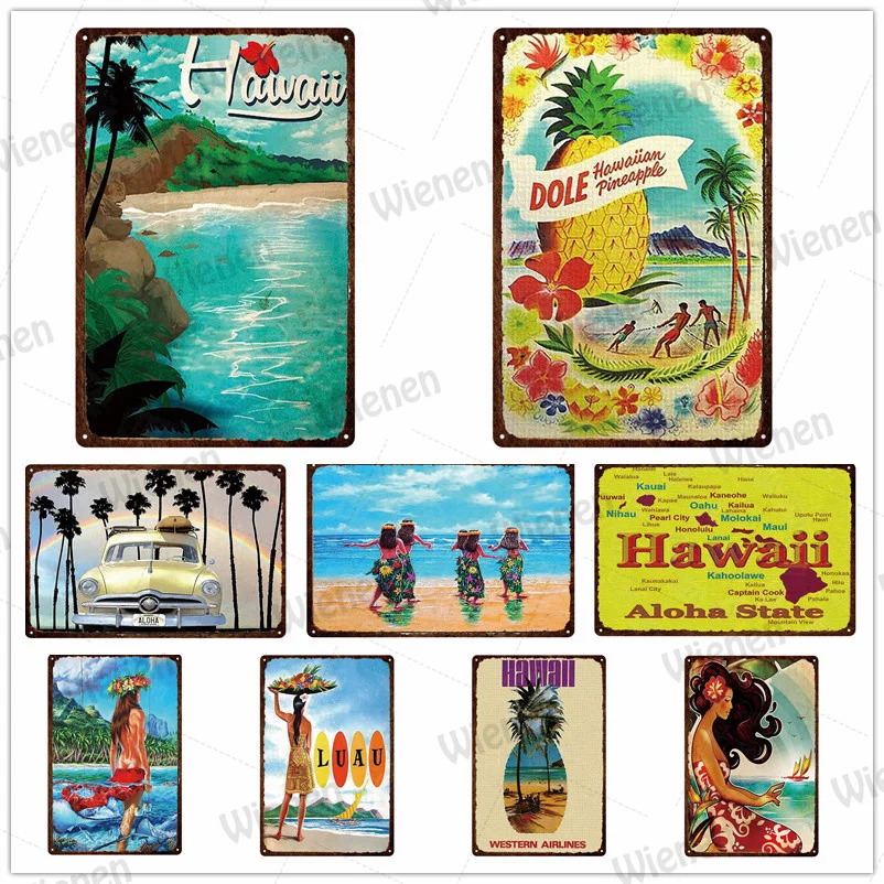 

Beach Vacation Metal Tin Poster Hawaii Island Landscape Metal Plaque Plate Seaside Beach Scenery Metal Sign Home Wall Decoration