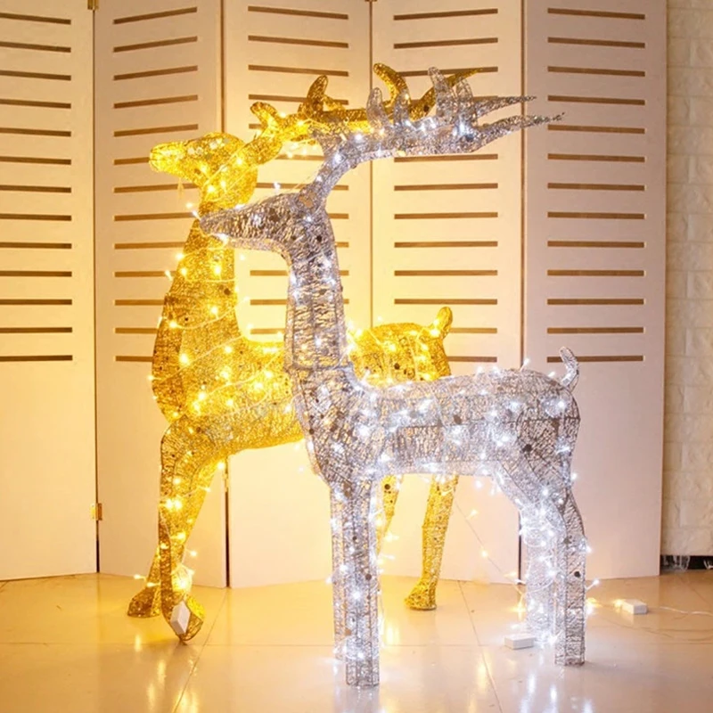 

2022 New Gold Deer Elk Led Light Iron Wrought Glowing Reindeer Cart Ornament Deer Sleigh Home Decor With Light New Year Gift