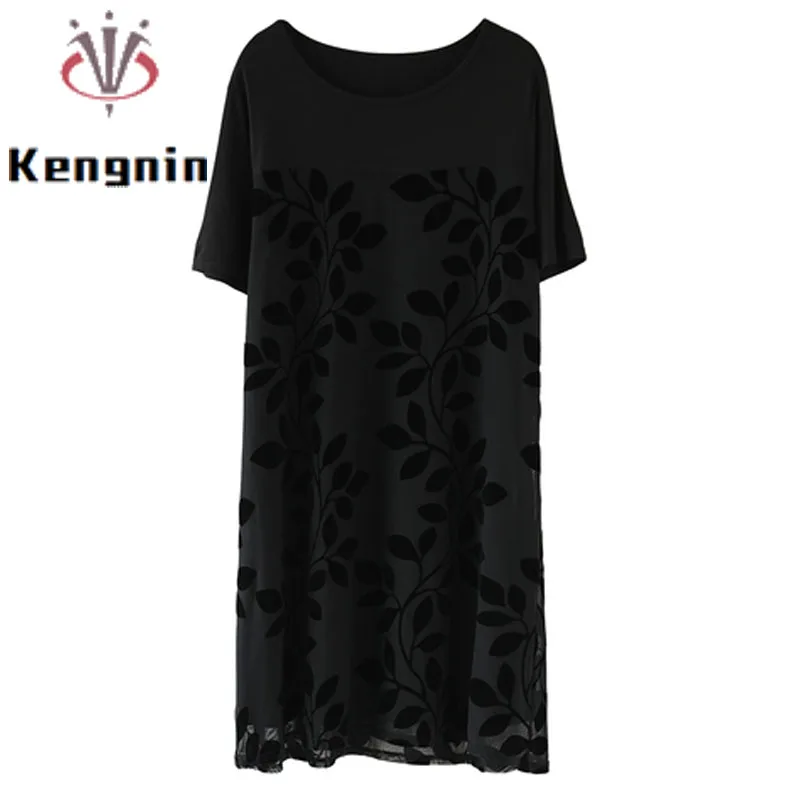 

Summer Dresses Women 2022 Loose O-Neck Patckwork Black Dress Office Lady Work Casual T-Shirt Dress Female Oversize 5XL KE2401