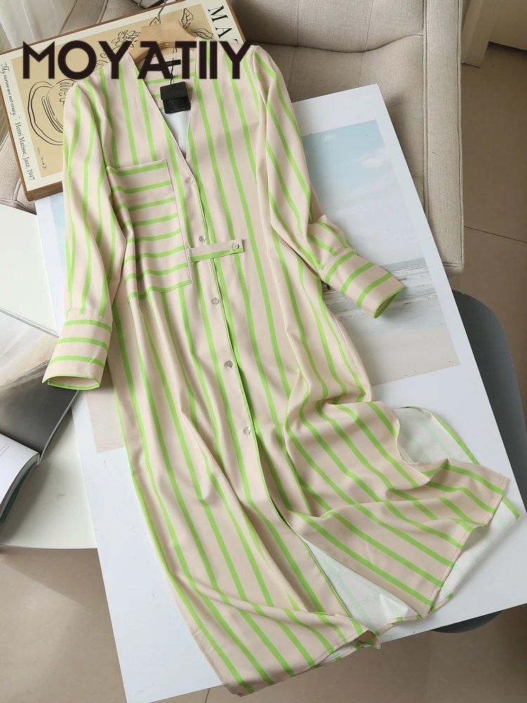 

Женское модное платье MOYATIIY 2022, осенние платья высокого качества из хлопка и льна, офисные женские миди-платья с длинным рукавом