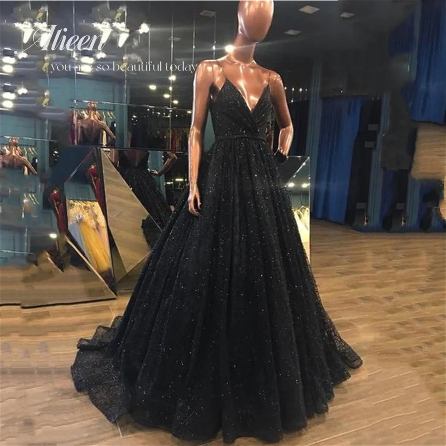 

Aileen Luxury Evening Dresses for Women 2022 International Brand Dresses for Women Party Wedding Evening Shiny Black V-neck Robe