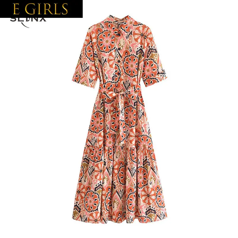 

E GIRLS SLTNX Fashion Print Dresses for 2023 Summer Elegant Party Dress Female Casual Loose Lace Up Midi New In Formal Dress