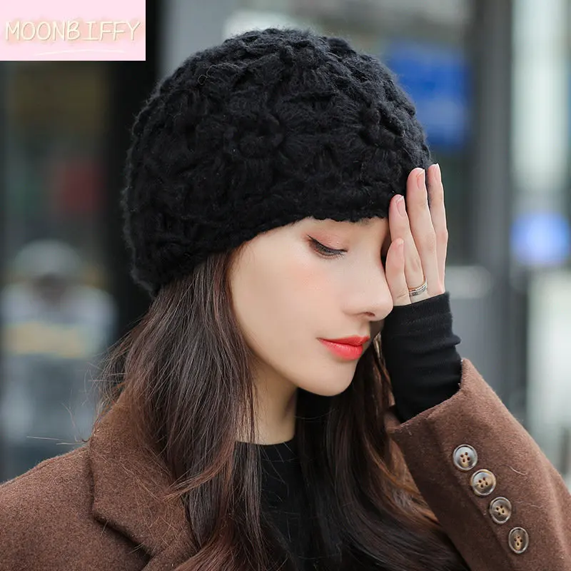 

Spring Autumn New Handmade Knitted Hat Women Fashion Solid Color Lace All-match Woolen Hats Temperament Elegant Ladies Beanies