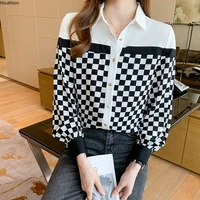 summer autumn new womens blouse polo shirt long sleeve stitching lattice chiffon casual fashion lady loose top houthion
