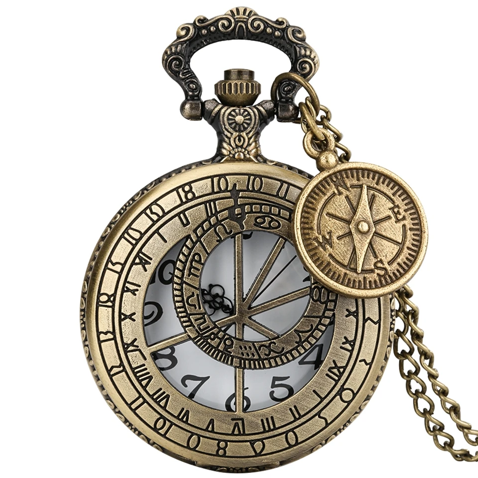 

Hollow Retro Astronomical Compass Geometry Prague Design Quartz Pocket Necklace Watch Pendant Chain Clock with Compass Accessory