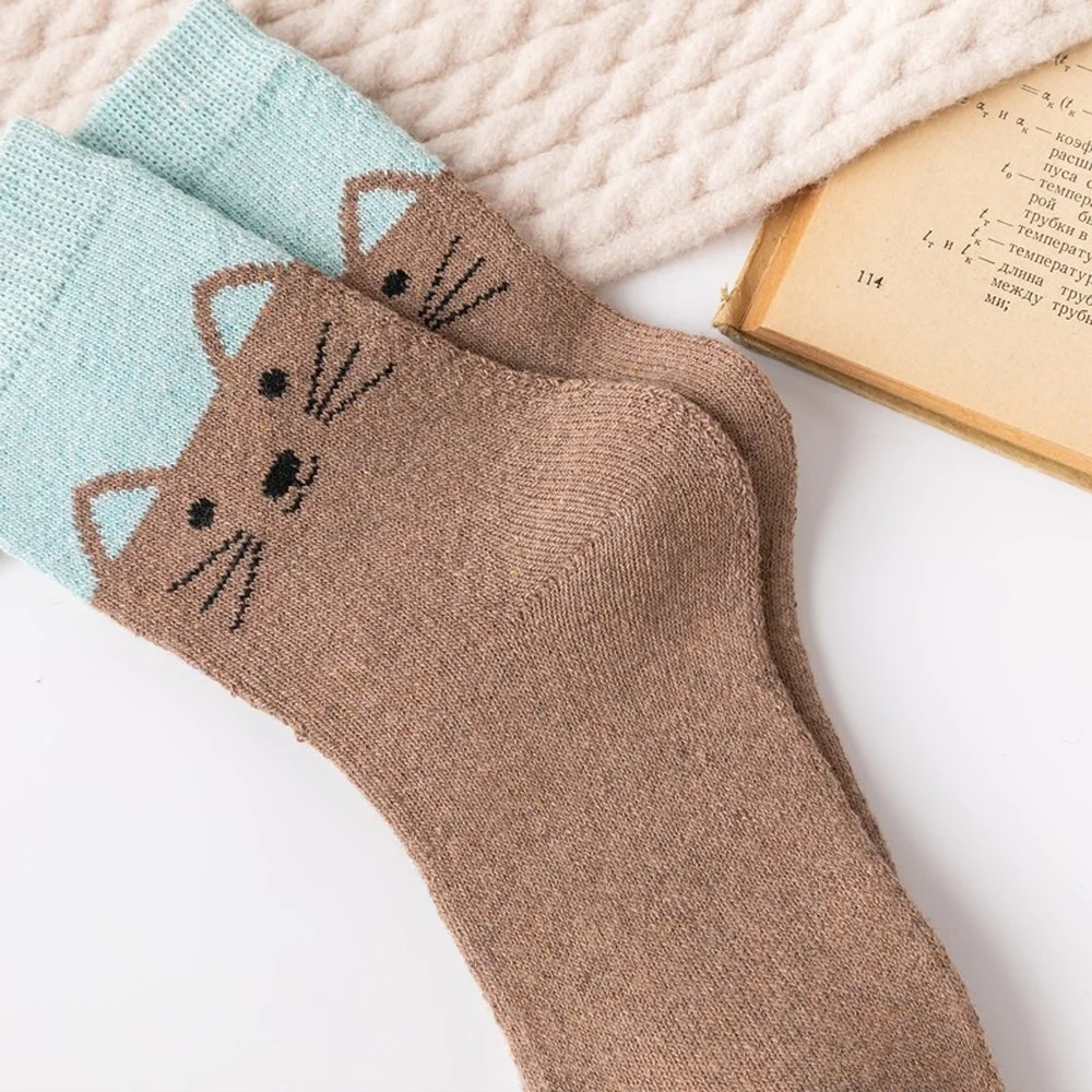 2022 New Autumn and Winter Cute Fashion Thickening Warm Women Rabbit Wool Socks Cartoon Cat Pink Women Casual Socks