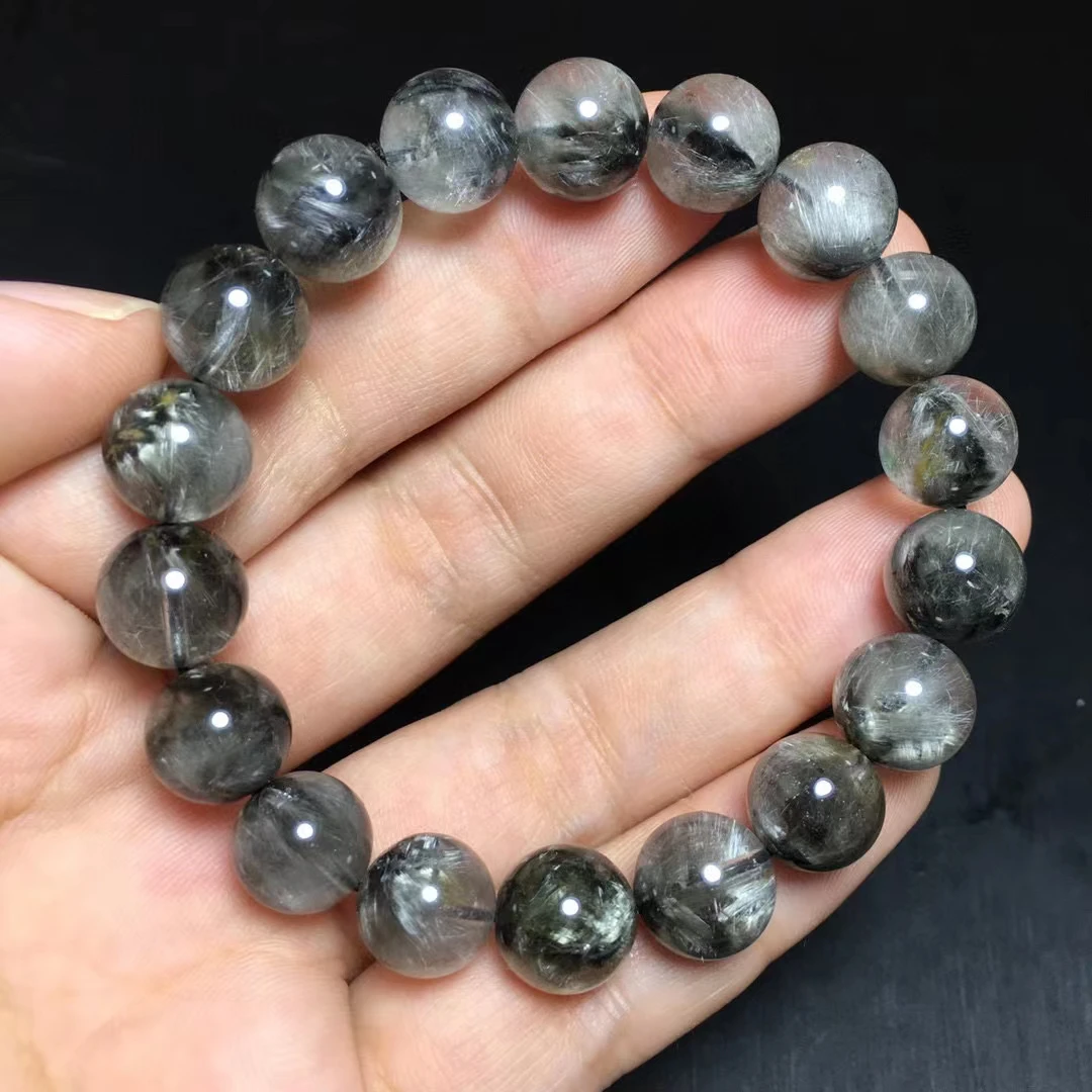 

Natural Brookite Black Platinum Silver Rutilated Quartz Bracelet 11.2mm Brookite Gemstone Round Beads Woman Man AAAAAAA