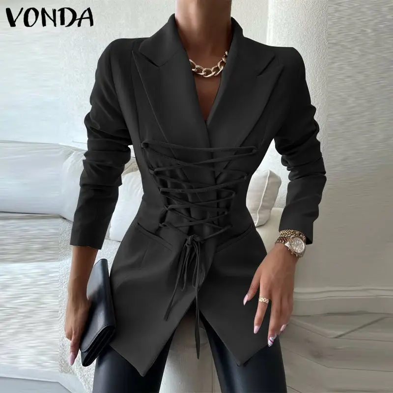 

Женская однотонная плиссированная Туника VONDA с отложным воротником и длинным рукавом, однотонные элегантные куртки большого размера