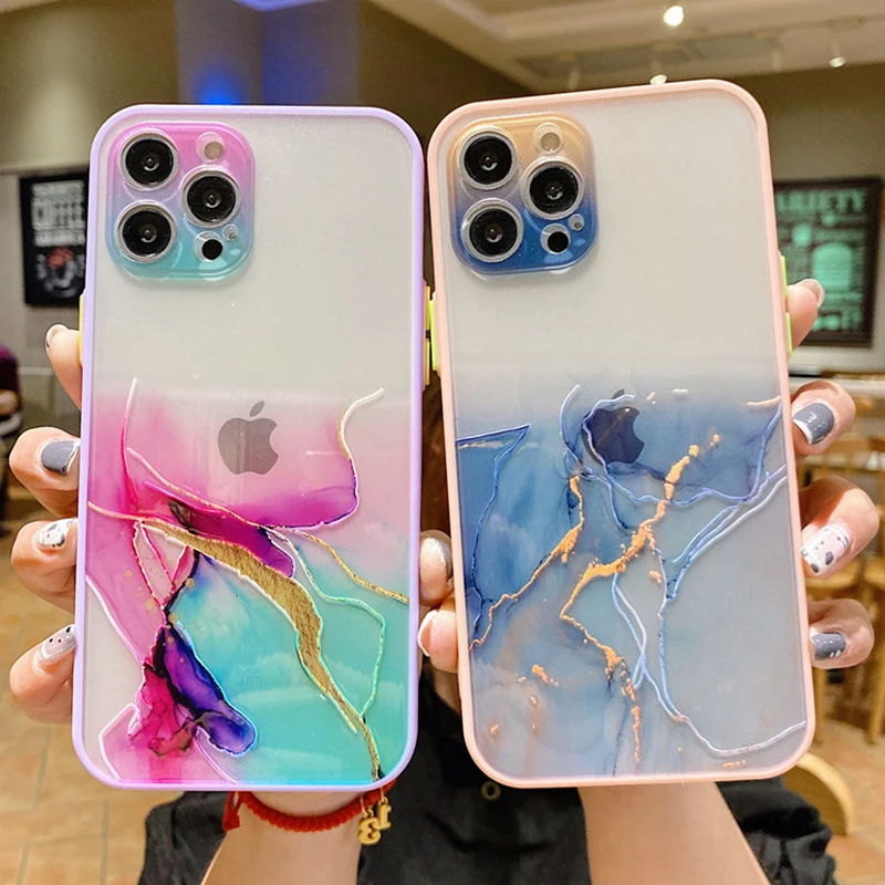 

Gradient Marble Watercolor Painting Phone Case For iPhone 13 11 12 Pro Max XS X XR 7 8 Plus Mini Clear Soft TPU Shockproof Cover