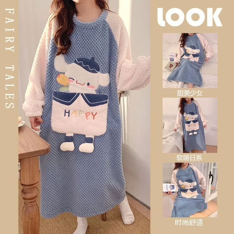 Cartoon Winter Coral Velvet Sleep Dress Women Long Sleeve Knee-length Nightgown Student Fleece-lined Thickened Flannel Homewear