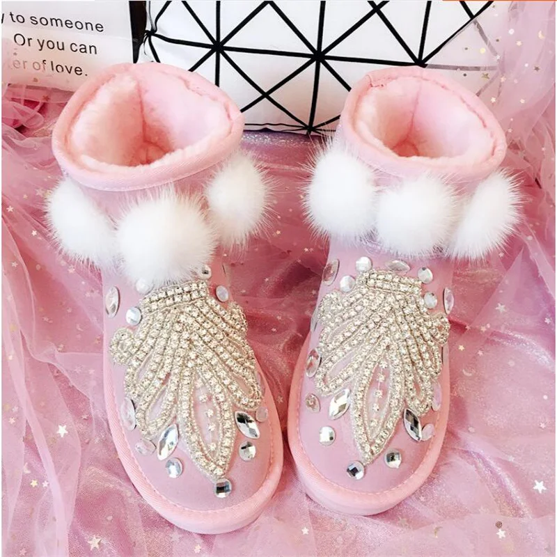

Handmade rhinestone stitching sequin leather short barrel and leg snow boots wild ball cotton boots warm and comfortable 35-44