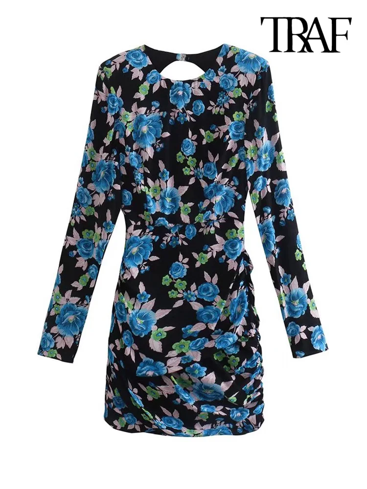 

TRAF Women Fashion Flroal Print Draped Mini Dress Vintage Long Sleeve Backless Zipper Female Dresses Vestidos Mujer