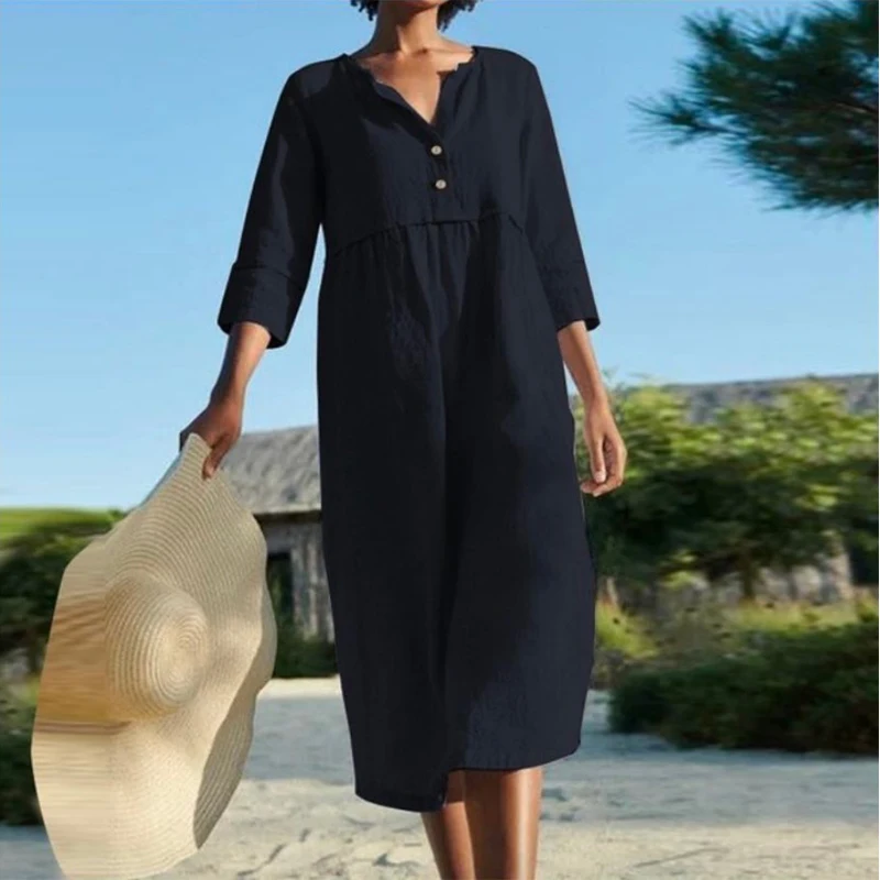 

Платье женское хлопково-льняное с круглым вырезом, однотонное повседневное свободное с пуговицами, рукавом до локтя, большие размеры, лето 2023