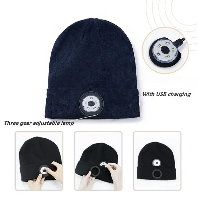 New Winter Beanie Hat Unisex Beanie Soft Black Knitted Hat Wireless Bluetooth 5.0 Smart Cap Headphone Headset with LED Light