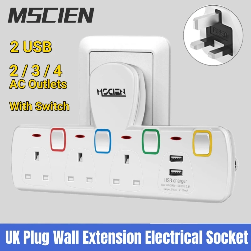

UK Multi Plug Extension with USB 2 3 4 Way Charge Adapter Home Kitchen Office Wall Socket Extension Switch Power Strip HK SA