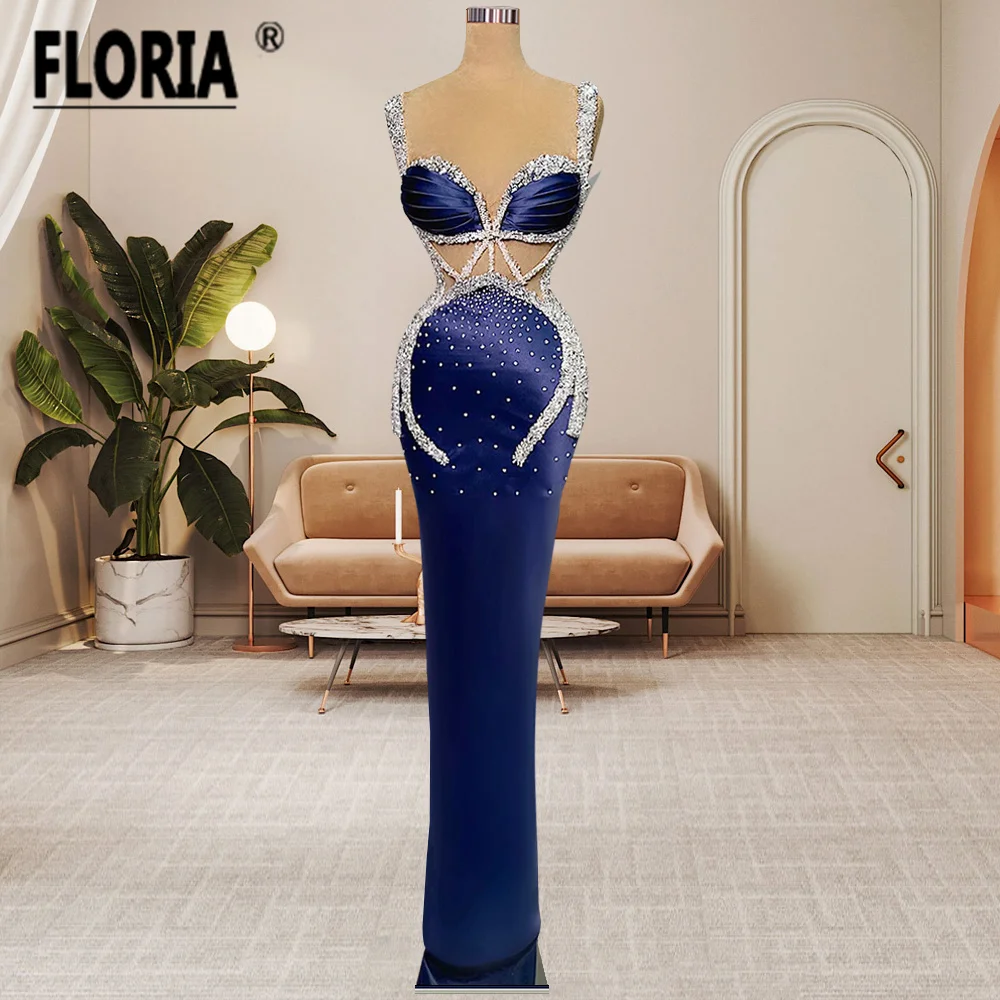 

Sexy Navy Blue Prom Dresses Crystals Satin Spaghetti Strap Sleeveless Mermaid Evening Party Dress Custom Made Vestido de gala