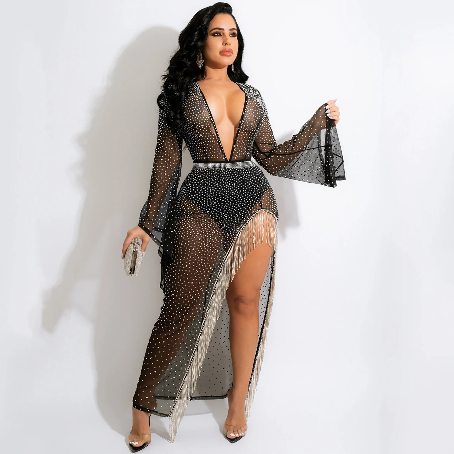 

Zabrina Mesh Patchwork Parti Dress Sexy See Through Maxi Dress For New Year 2022 Slit Tassel Zipper Vestidos Y2k Clothes Traf