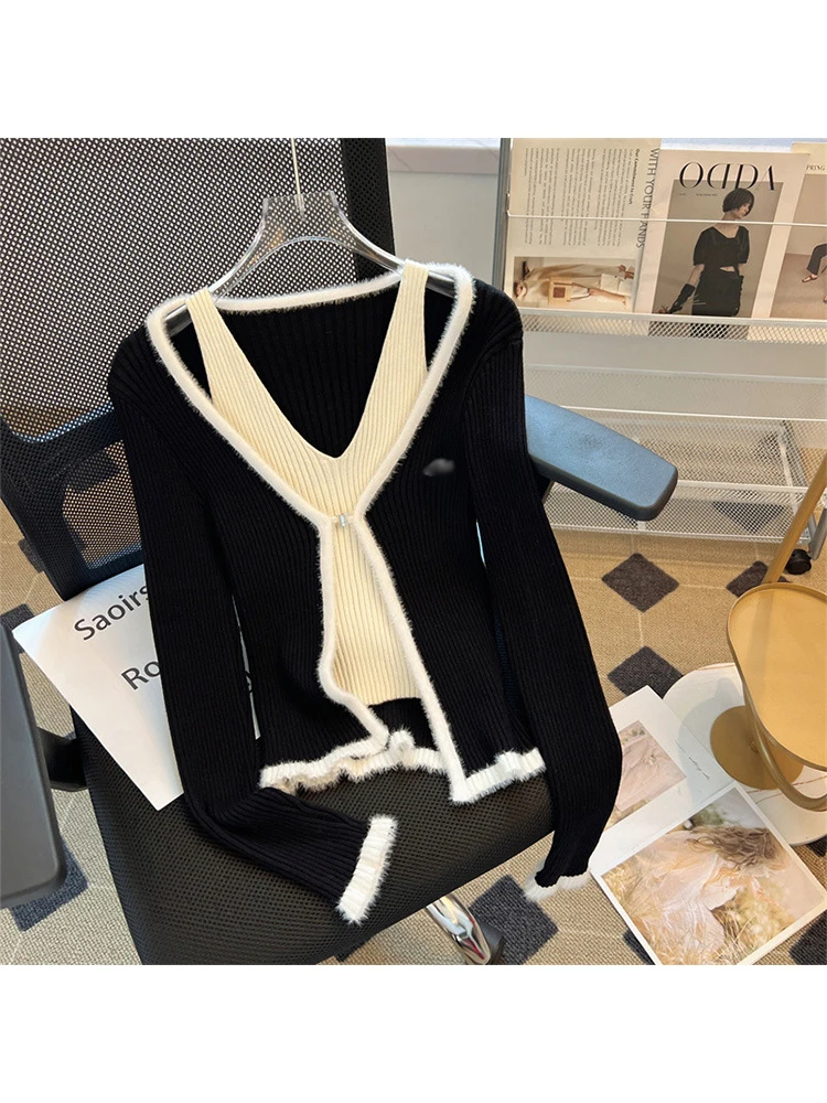 

Women's Black Gothic Cardigan Knitted Sweater 90s Vintage Fashion Harajuku Korean Long Sleeve Sweaters Top 2000s Clothes Autumn