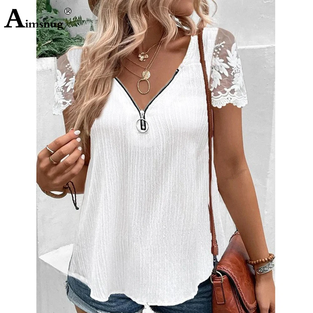 

Women Casual Zipper V-neck T-Shirts Female Short Sleeve Guaze Lace Tops Clothing 2023 New Summer Long Ruched Stripes Tees Shirts