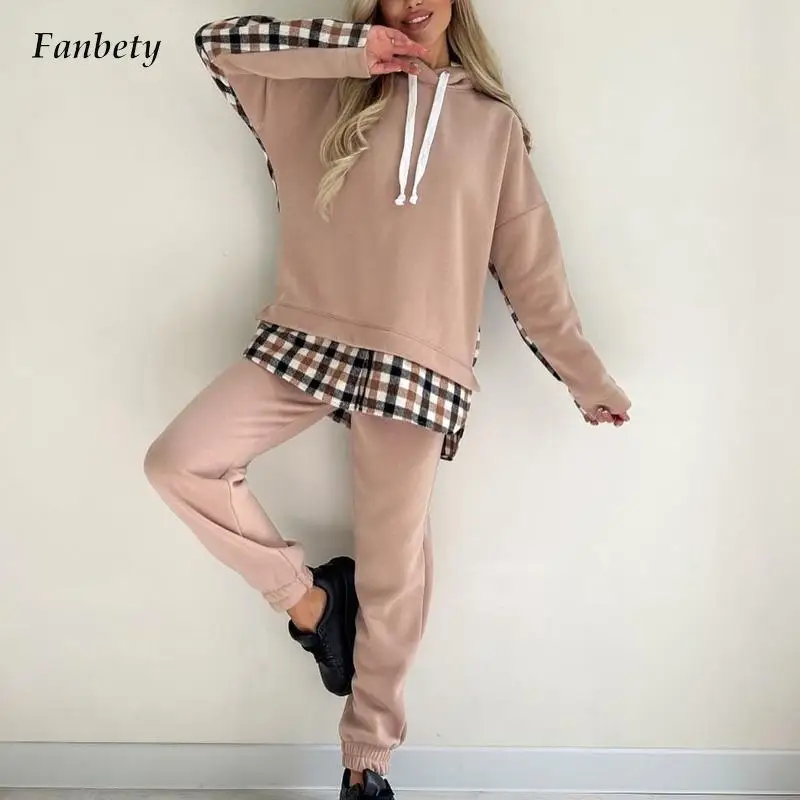 

Elegant Drawstring Sweatshirt & Long Pant Outfits Casual Long Sleeve Tracksuit Suit Women Fashion Plaid Patchwork Loose 2Pc Sets