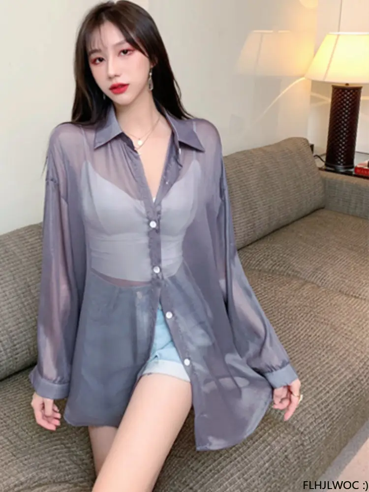 

Korea Chic Tops Blusas Holiday Sheer Mesh Thin Sexy Transparent Button White Long Boyfriend Shirt Flhjlwoc Shirring Women Blouse