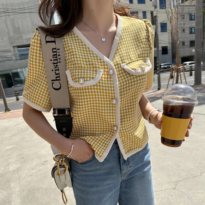 

Korean Summer Outerwear V neck Houndstooth Jacket Pearl Button Loose Short Sleeve Cardigan Jacket Casual Women Clothes