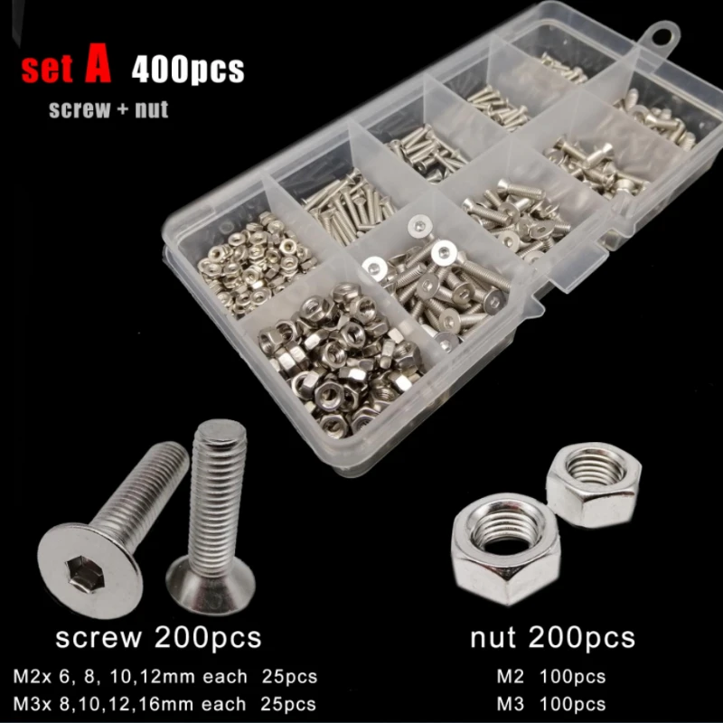 

400-2100x 304 Stainless Steel Allen Hexagon Hex Socket Flat Countersunk Head Screw Bolt Nut Washer Set Kit M1.6/M2/M2.5/M3/M4/M5