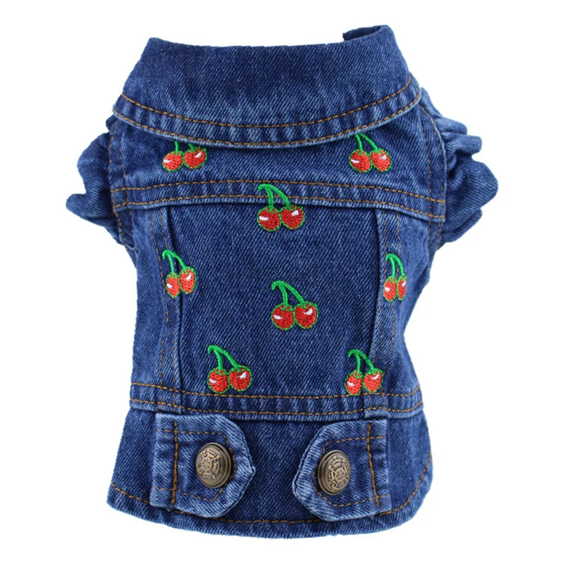 Red Cherry Dog Jeans Jacket Puppy Denim Clothes for Small Medium   Dogs French Bulldog Cowboy Shirt Cat Costume Pet Apparel