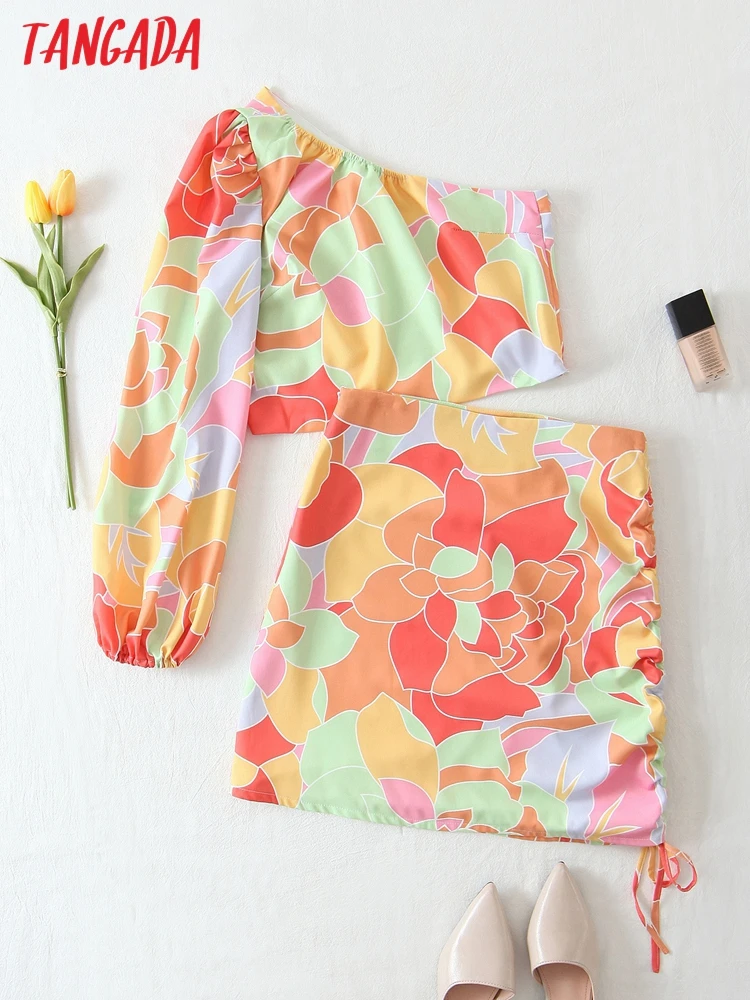 

Tangada Korea Chic Women Floral Print Skirt Set 2022 Fashion New Suit 2 Piece Set Off Shoulder Top and Skirt 1M44