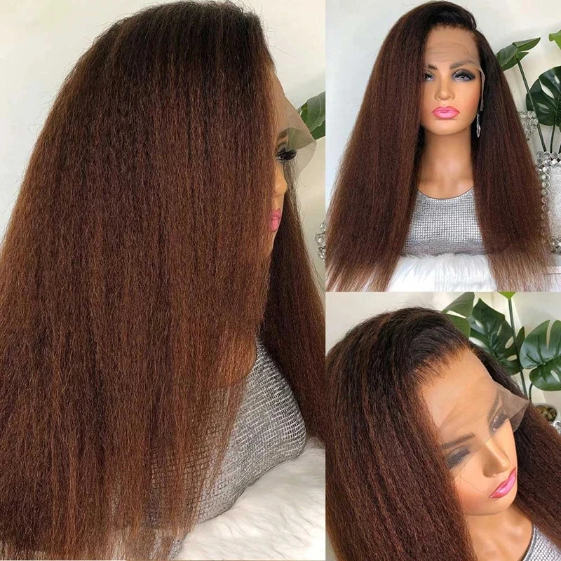 

Brown Kinky Straight Synthetic Lace Front Wig 180%Density Natural Yaki For Black Women With Baby Hair Heat Temperature Glueless