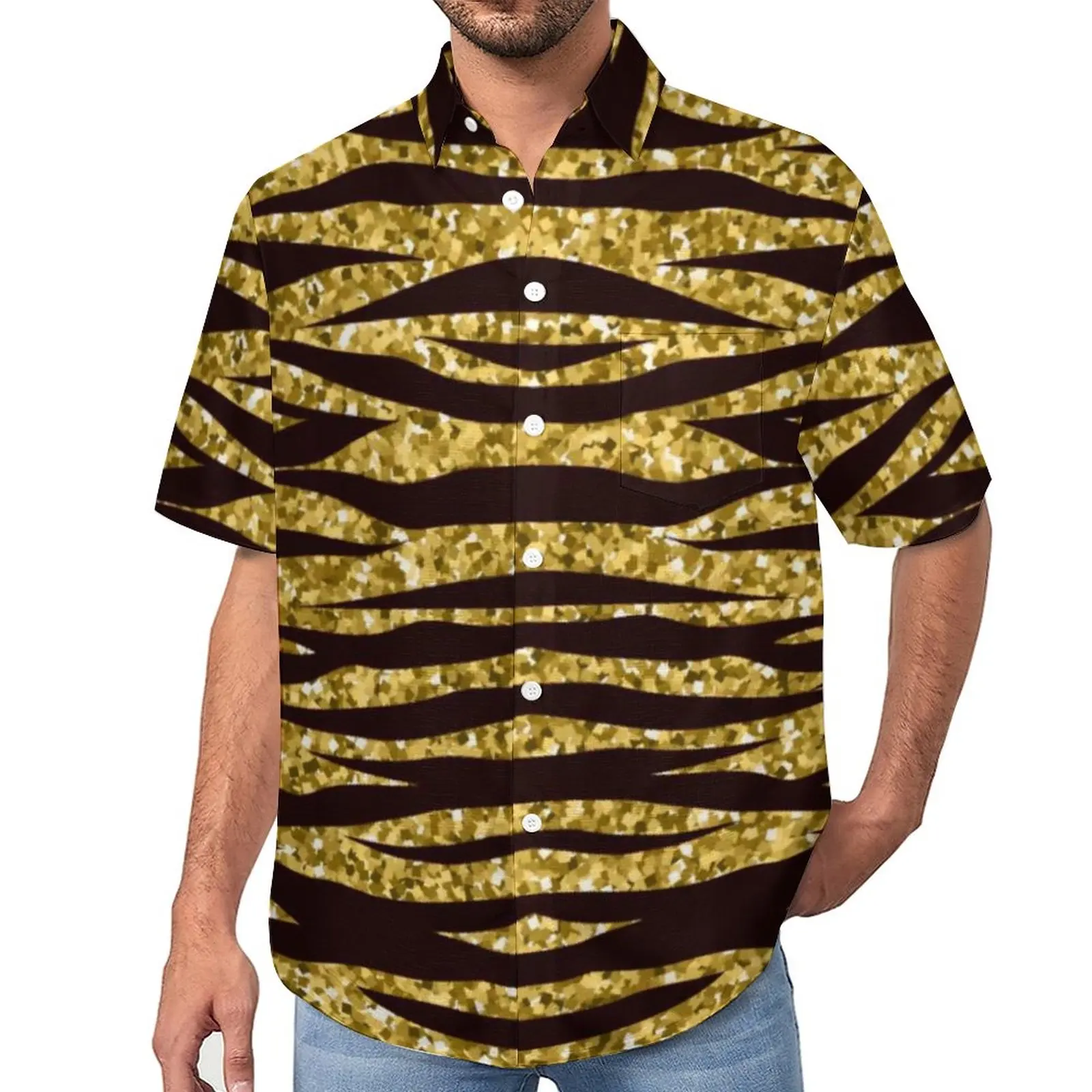 

Golden Tiger Stripes Blouses Male Animal Skin Pattern Casual Shirts Hawaiian Short Sleeves Design Vintage Oversized Beach Shirt