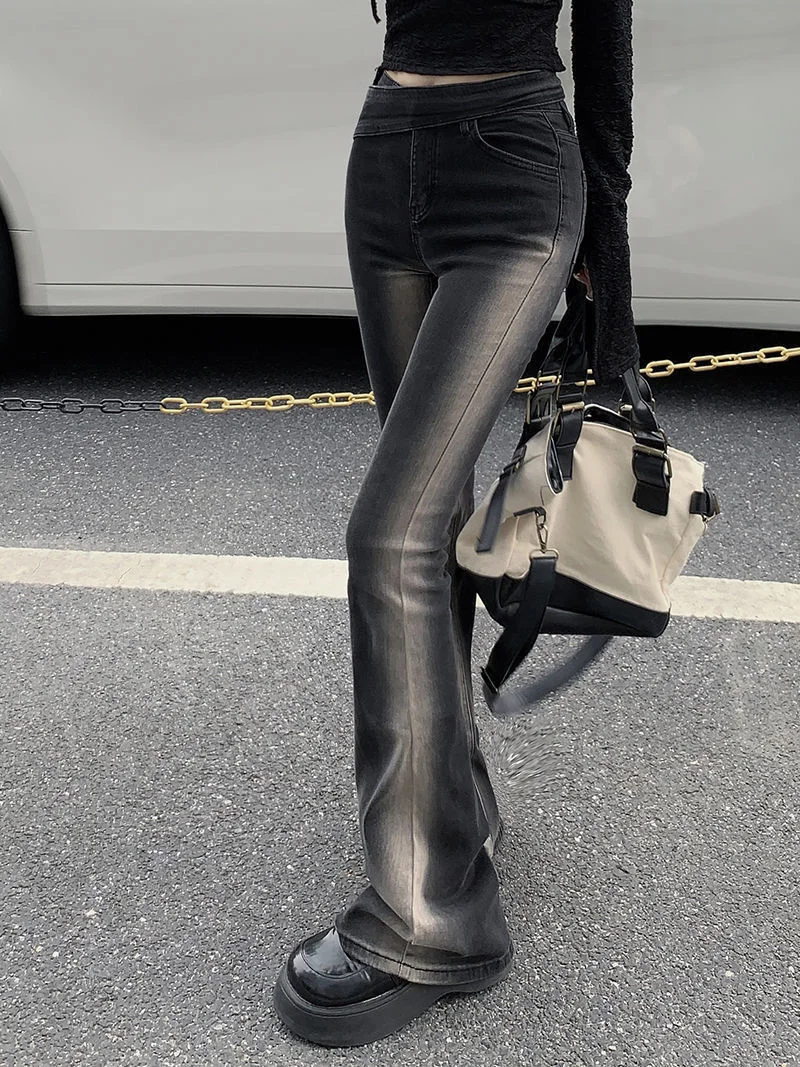 

Hot jeans,2023 Gradient Flare Jeans for Women Streetwear High Waist Elegant Skinny Mopping Harajuku Vintage Denim Trousers Retro