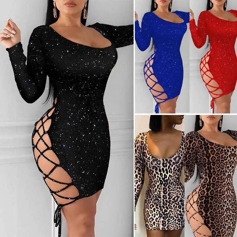 

Женское леопардовое платье с U-образным вырезом, пикантное облегающее длинное платье в полоску, на шнуровке, с открытой спиной, летнее пляжн...