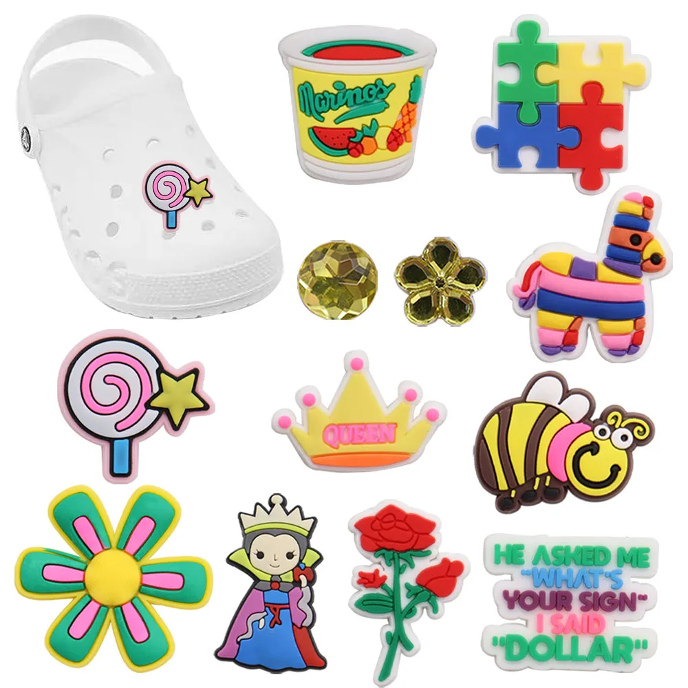

1-12pcs PVC Garden Shoe Accessories Witch Bee Rose Lollipops Shoe Decoration Fit Croc Jibz Charm Boys Girls Party Present