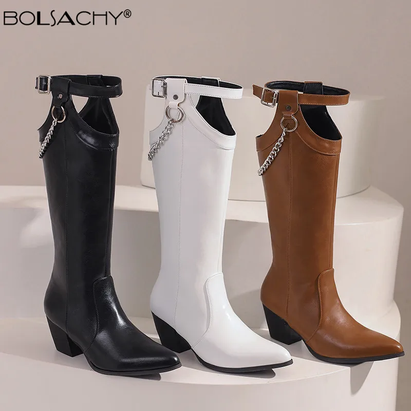 

Women Knee High Boots Western Cowboy Boots for Women Long Winter Boots Chain Zip Hollow Out Pointed Toe Cowgirl Wedges Boots