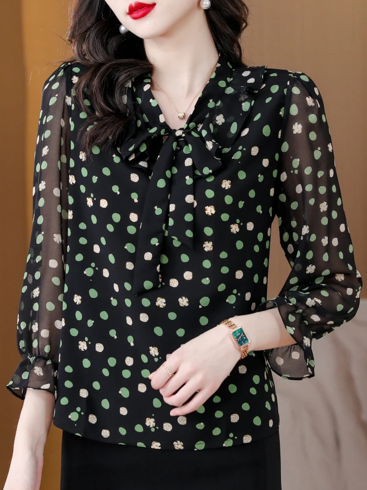 Шифоновые рубашки с длинными рукавами в горошек женская осенняя одежда 2024 новый