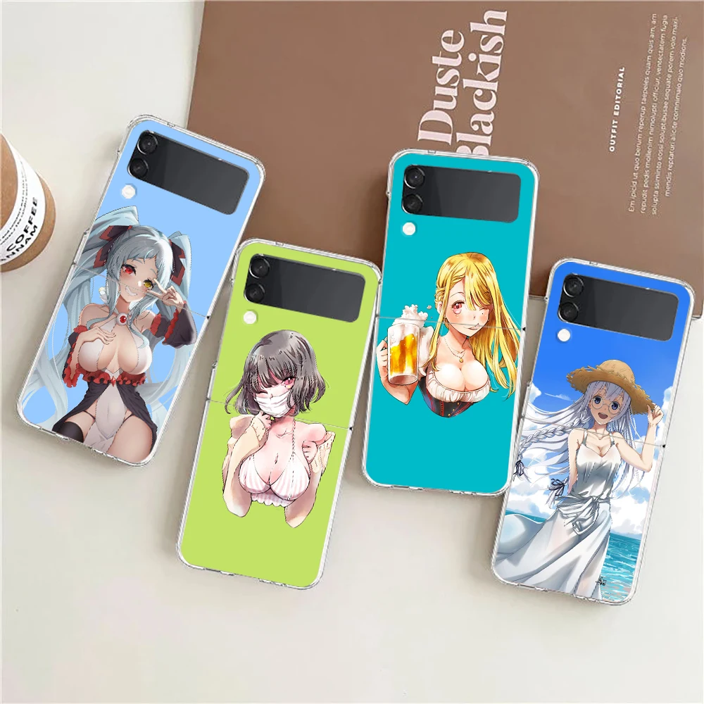 

Anime Cute Girls Summer ZFlip4 ZFlip3 Phone Case For Samsung Z Flip 3 5G Transparent Hard Shell Z Flip 4 Galaxy Cover Folding