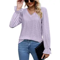 2022 Women's Autumn and Winter New Lace V-neck Top Lantern Sleeve Hollow T-shirt Women Clothes