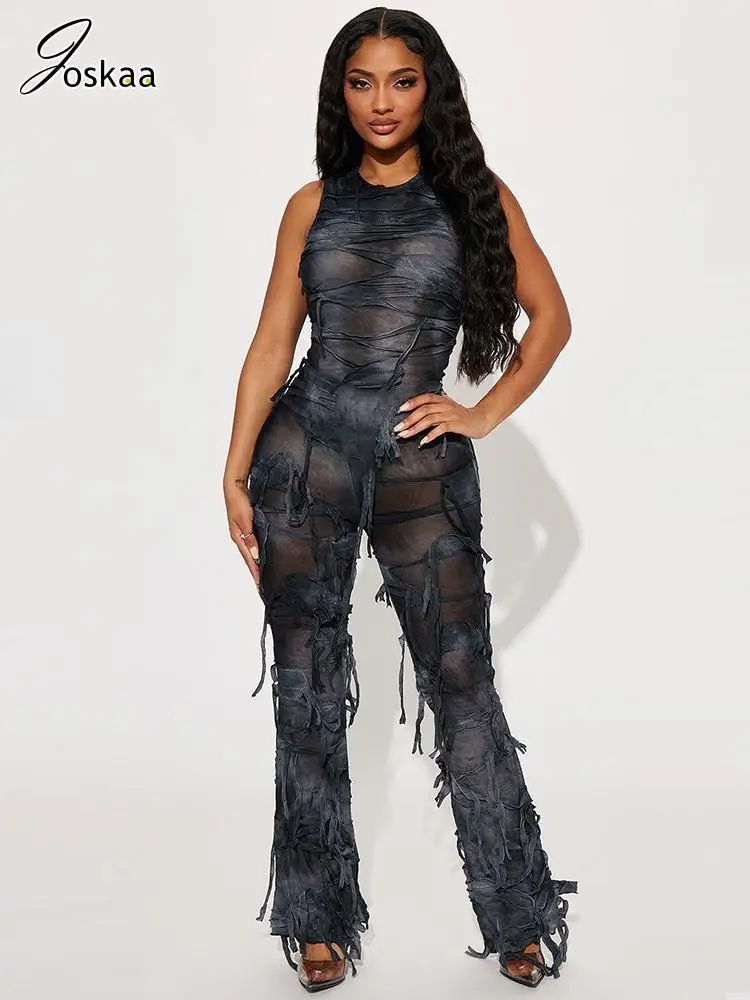 

Joskaa Tie Dye Print Fringe Jumpsuits Women Hipster O-Neck Sleeveless Back Zipper Skinny One Piece Overalls 2023 Night Clubwear