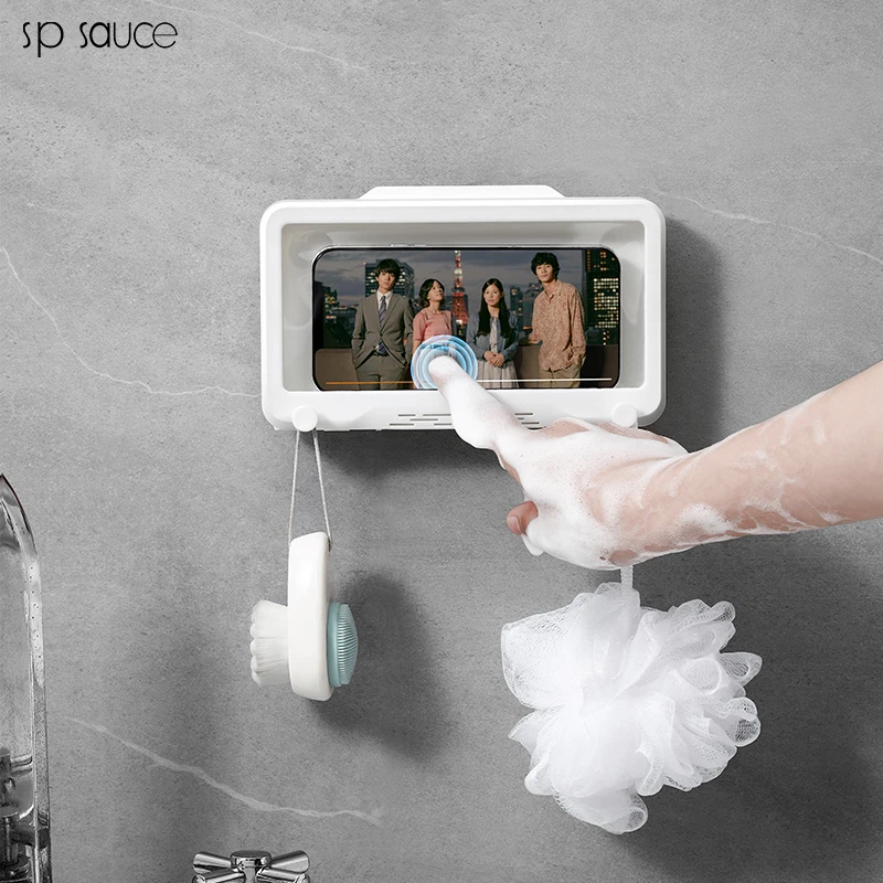 

Japanese Bathroom Phone Box Shower Waterproof Seal Protection Touch Screen Phone Storage Rack Self-Adhesive Wall Mount