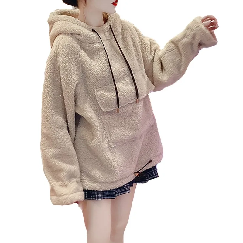 Autumn Winter Lamb Plush Ladies Hoodie Thickened Plus Velvet Loose Korean Version of Solid Color Pocket Girls Pullover