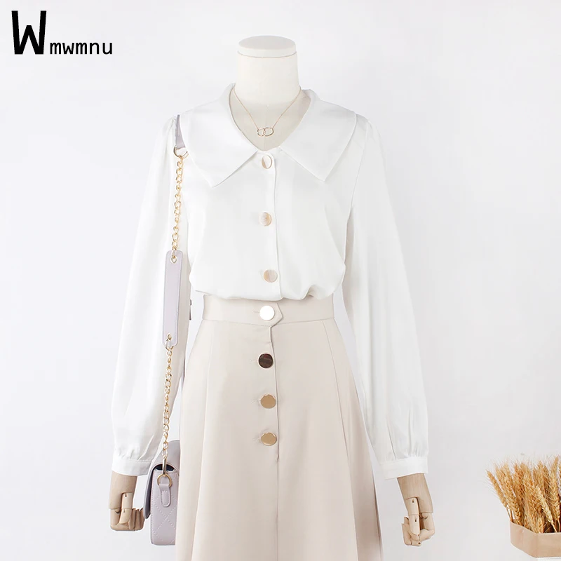

Office Lady Elegant Chiffon White Shirt Korean Streetwear OL Long Sleeve Chic Button Casual Blouses Solid Business Work Tops