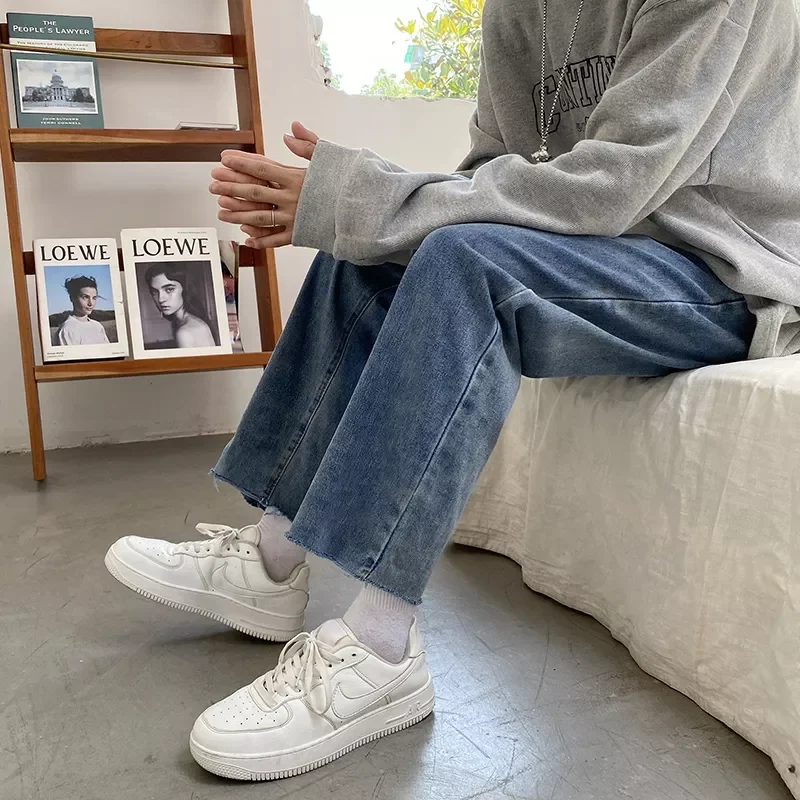 Gray Baggy Jeans 2021 Autumn New Korean Fashion Straight Denim Cropped Trousers Wide Leg Pants Male Streetwear Smoky