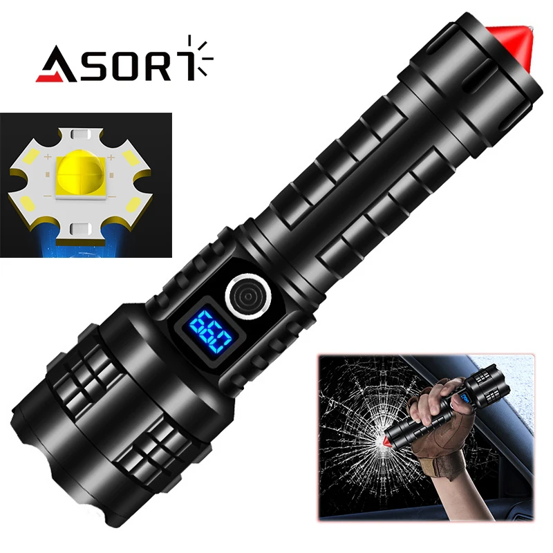 High Power Flashlight With Safety Hammer Lamp LED Display Lantern Torch for Car Windows Breaker,Emergency,Camping,Self Defense